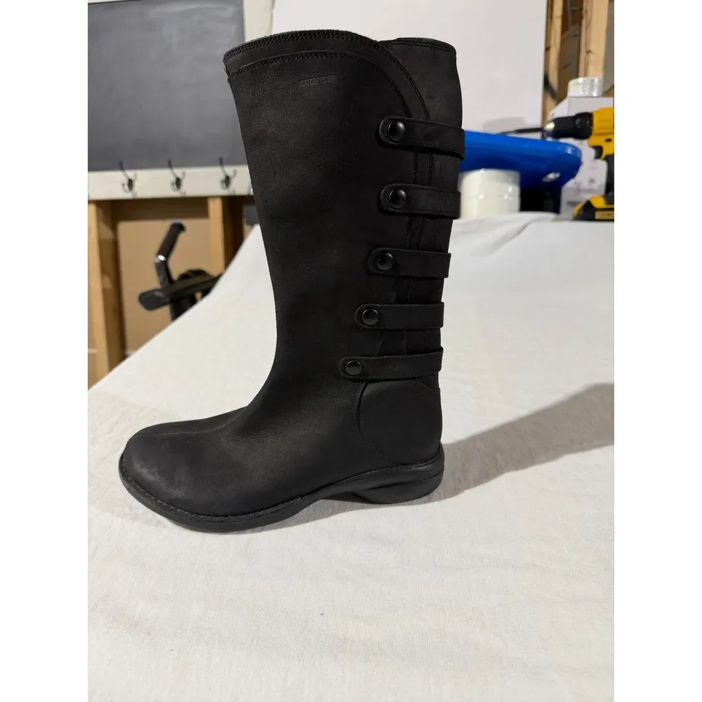 Merrell Womens 6 Black Nubuck Leather Waterproof Tall Boots Side Zip Snap Strap